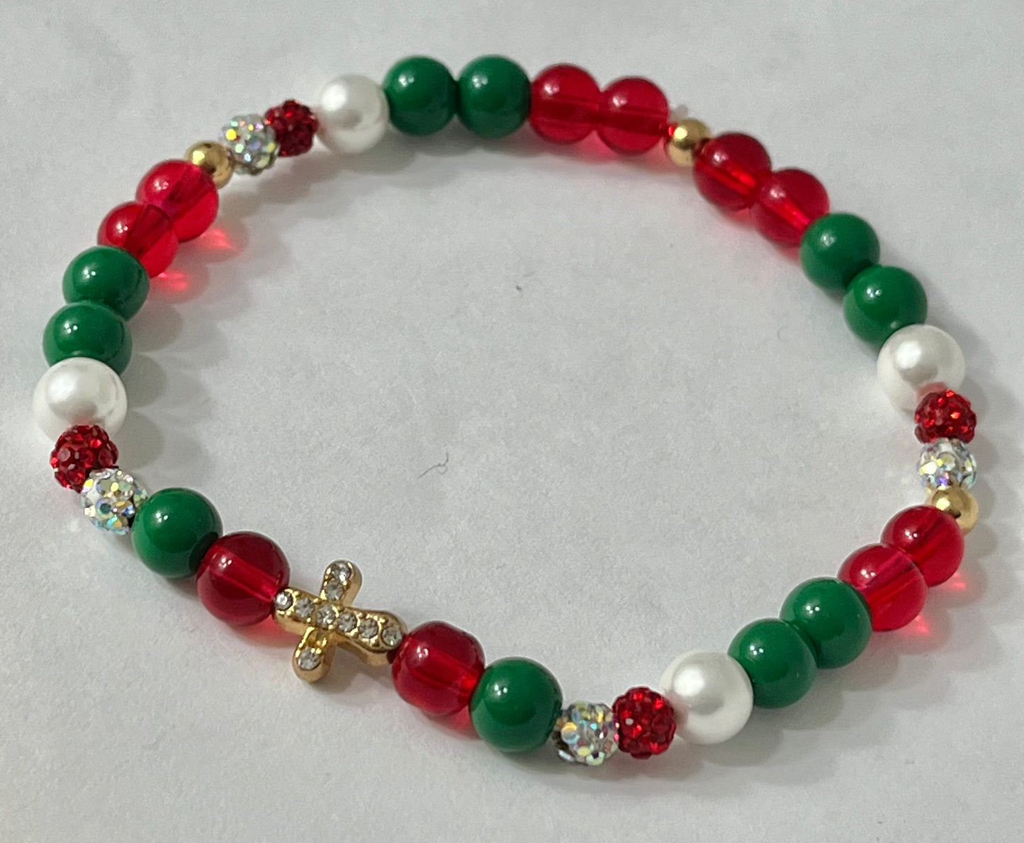 Jeweled Christmas gold cross or Christmas marbled beaded bracelet/ multiple colors and designs