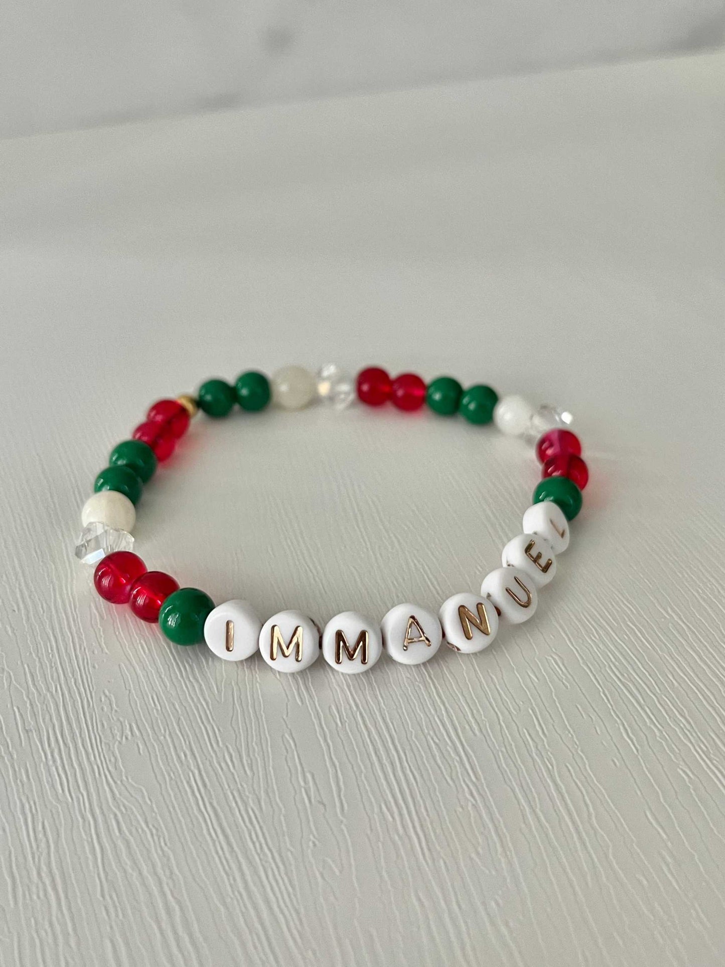 Immanuel Christmas Bead Bracelet – handcrafted holiday faith jewelry with festive beads.