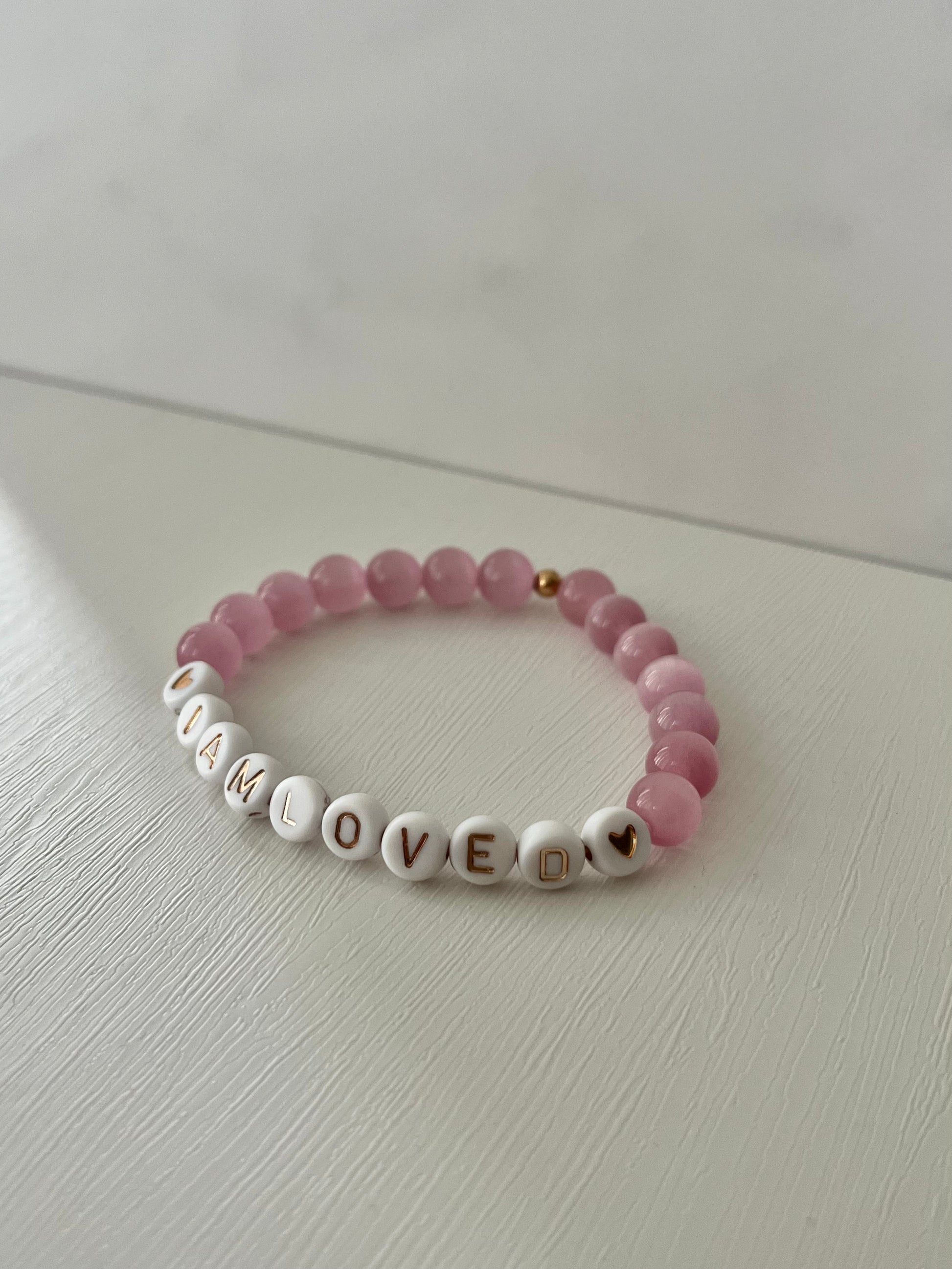 I AM LOVED pink opal or white faceted bead stone bracelet