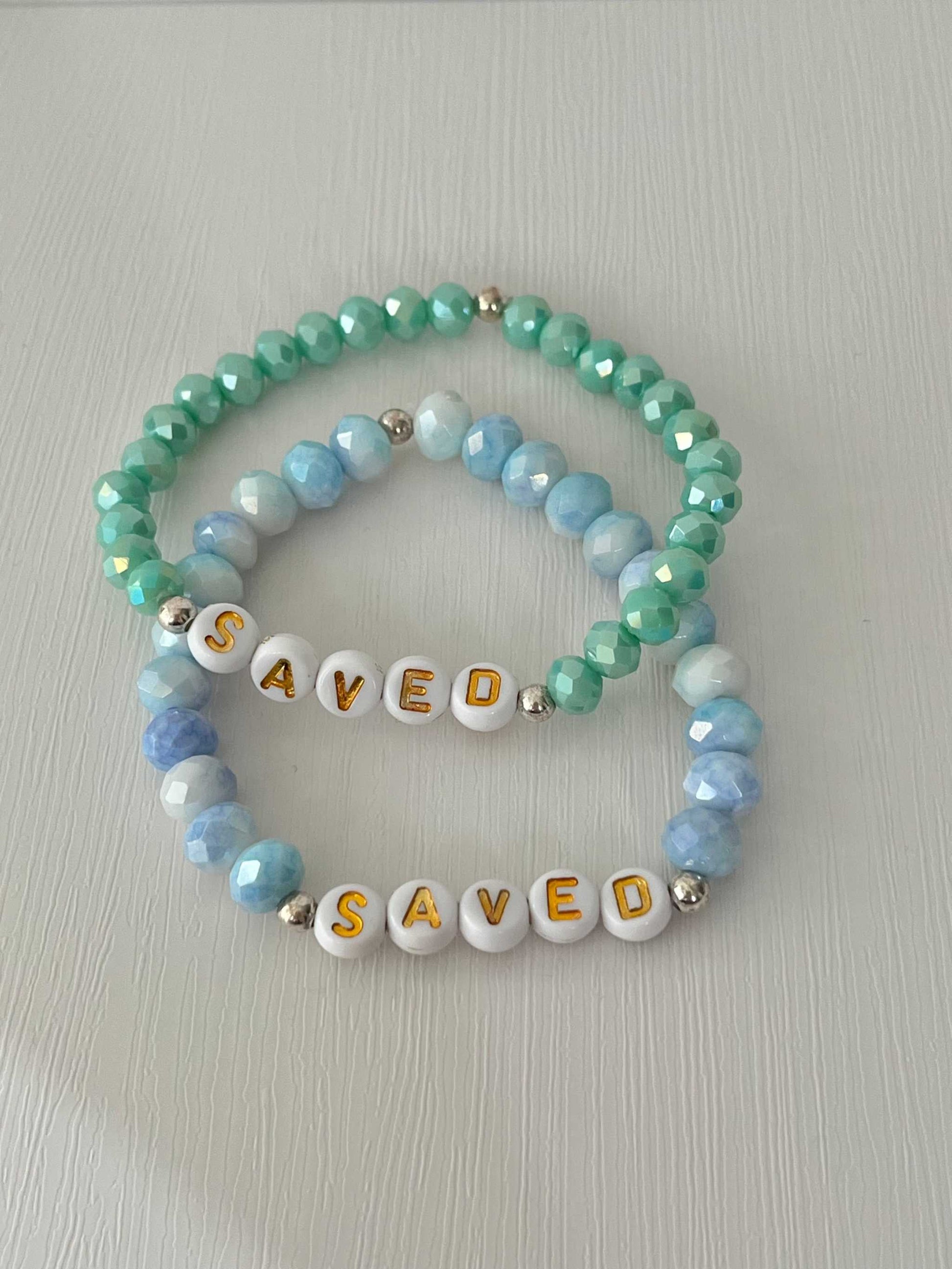 Saved Beaded Bracelet with mint or blue white jade faceted beads, faith-inspired jewelry