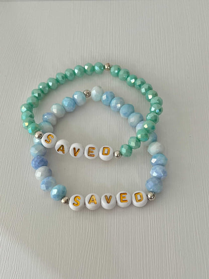 Saved Beaded Bracelet with mint or blue white jade faceted beads, faith-inspired jewelry