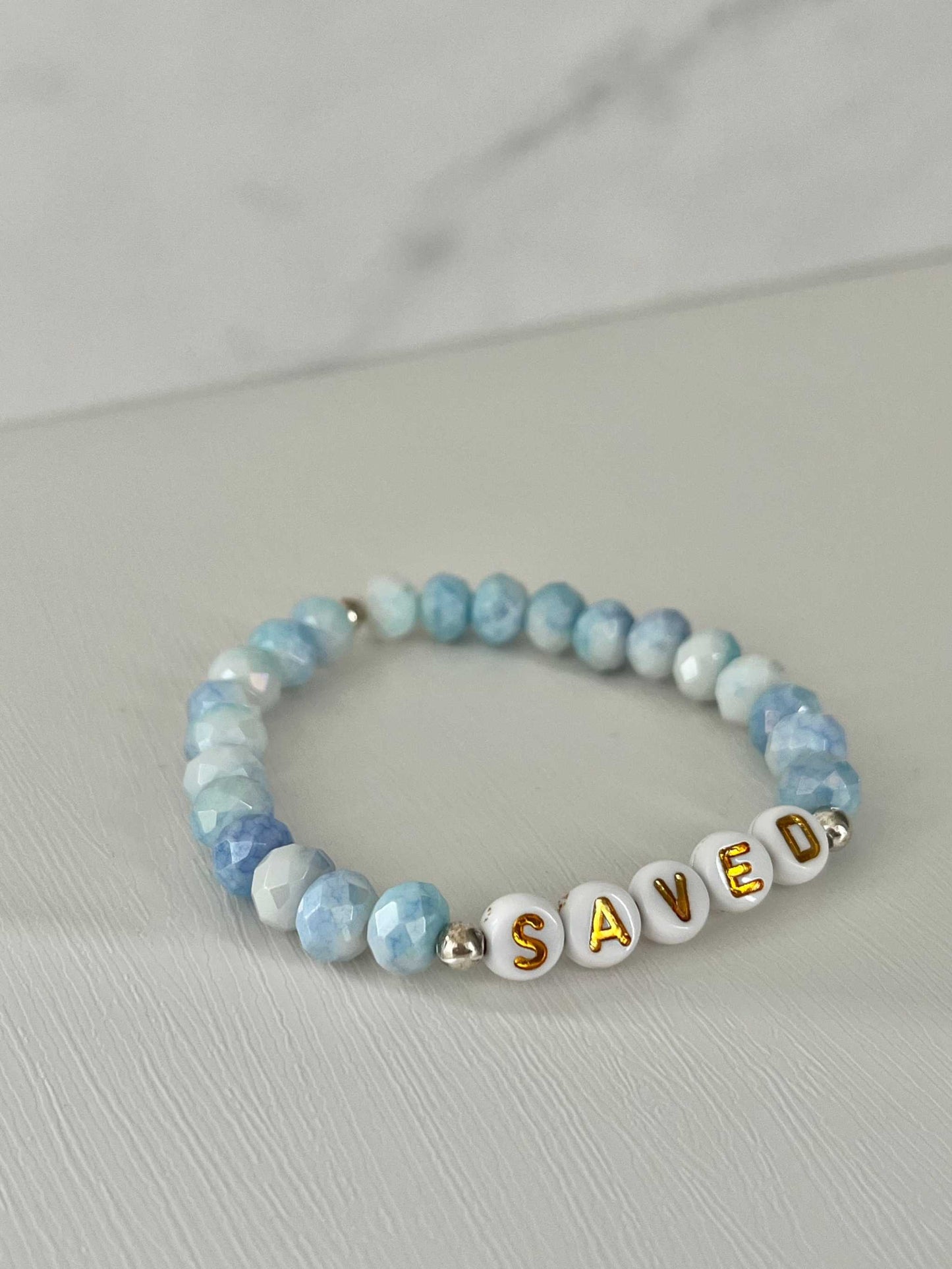 Saved Beaded Bracelet with mint or blue white jade faceted beads, faith-inspired jewelry