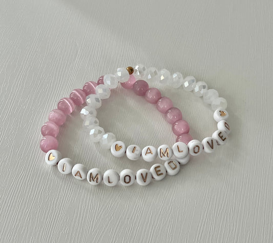 I AM LOVED pink opal or white faceted bead stone bracelet