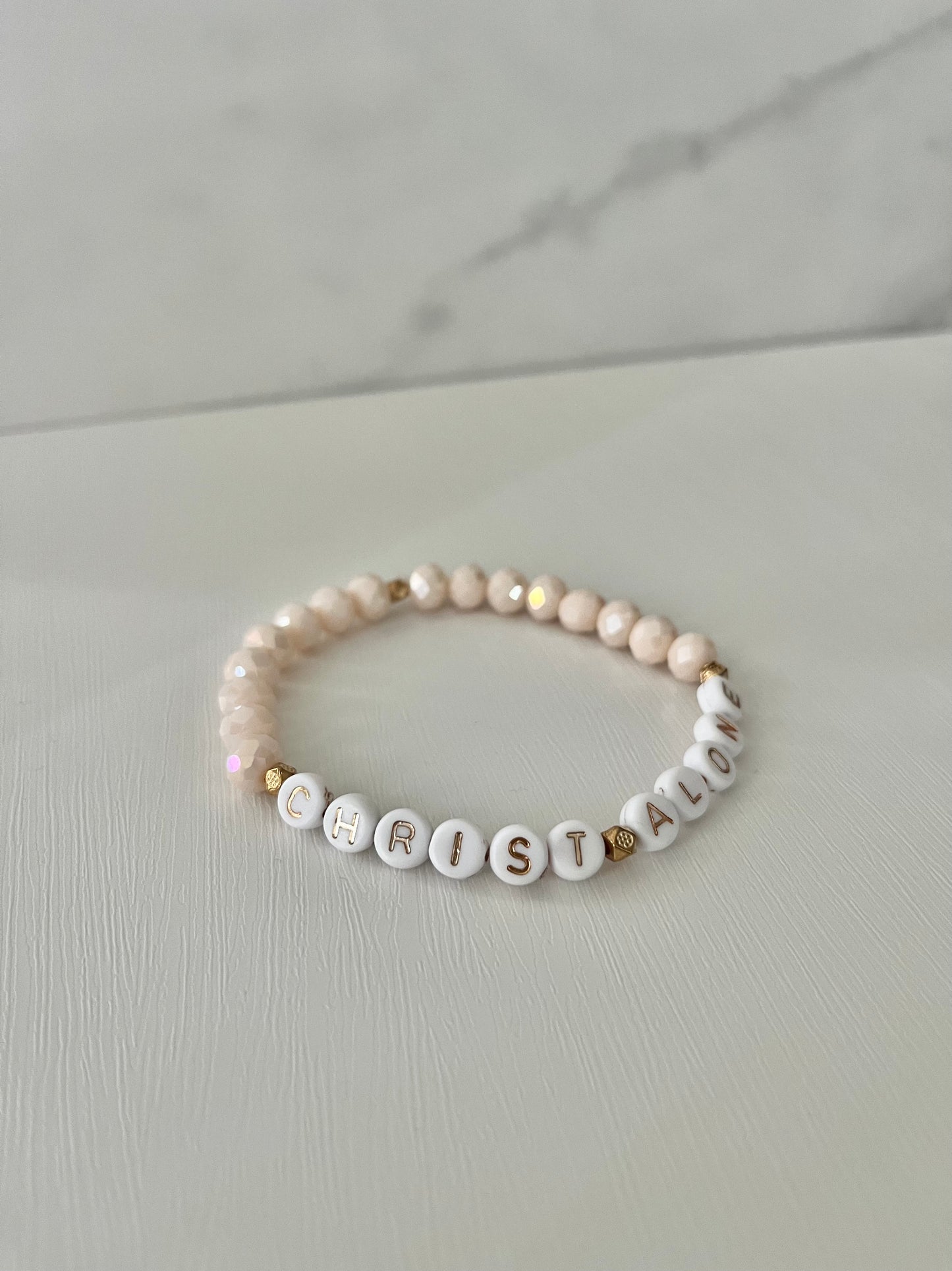 Christ Alone white stone or peach faceted beaded bracelet