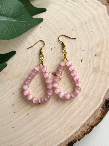 Pink Cat Eye Gold Opal Drop Earrings