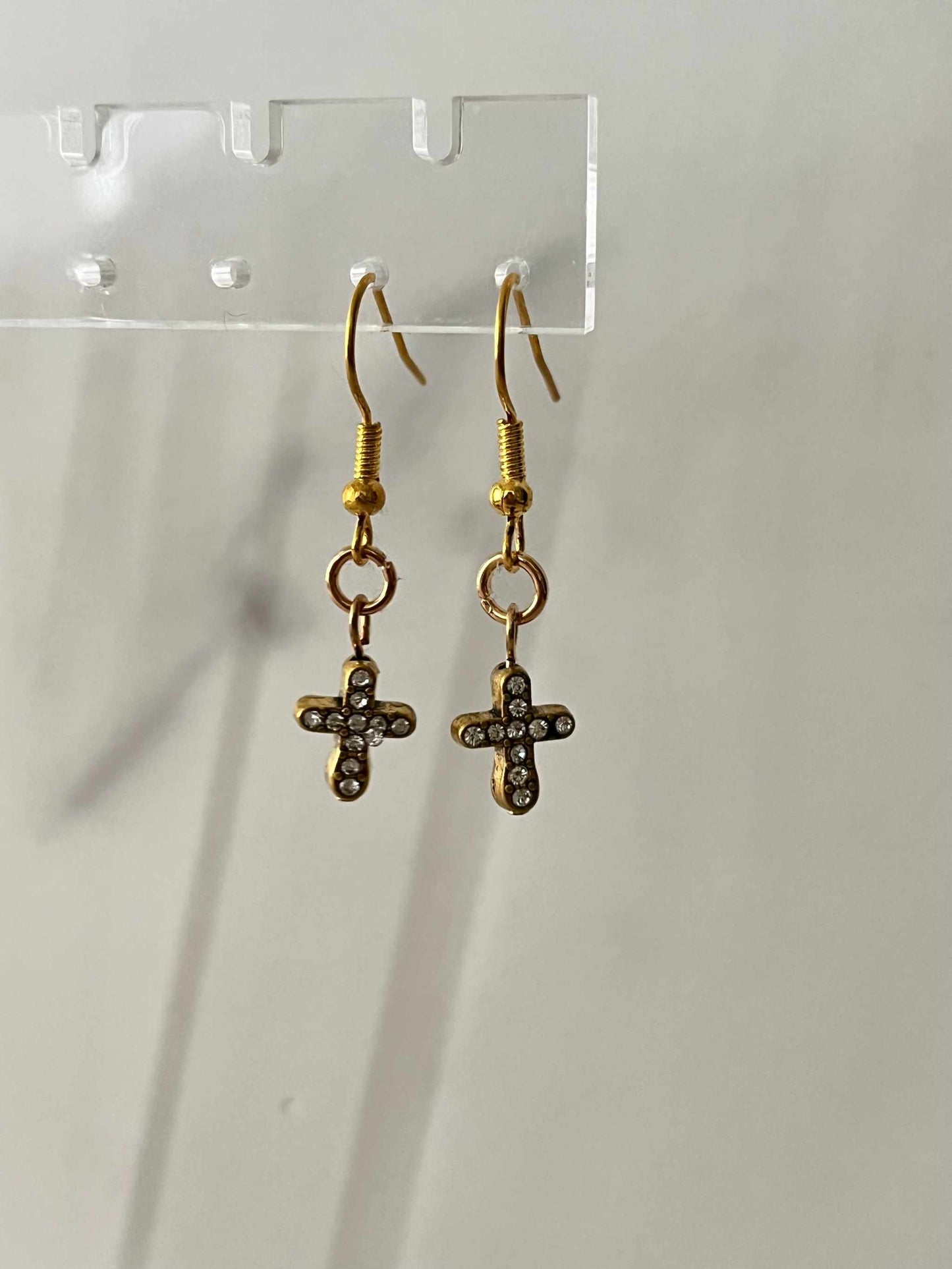 Gold Earrings with jeweled cross design – Christian jewelry by Saved by Christ Design.

