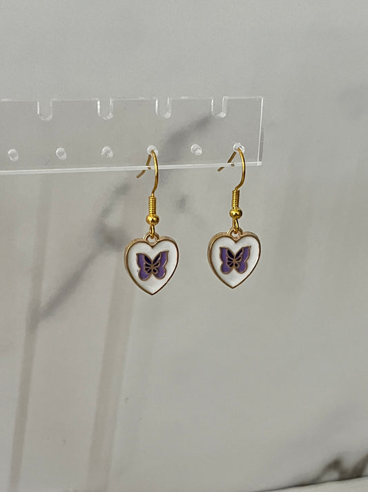 Gold heart shaped purple butterfly earrings