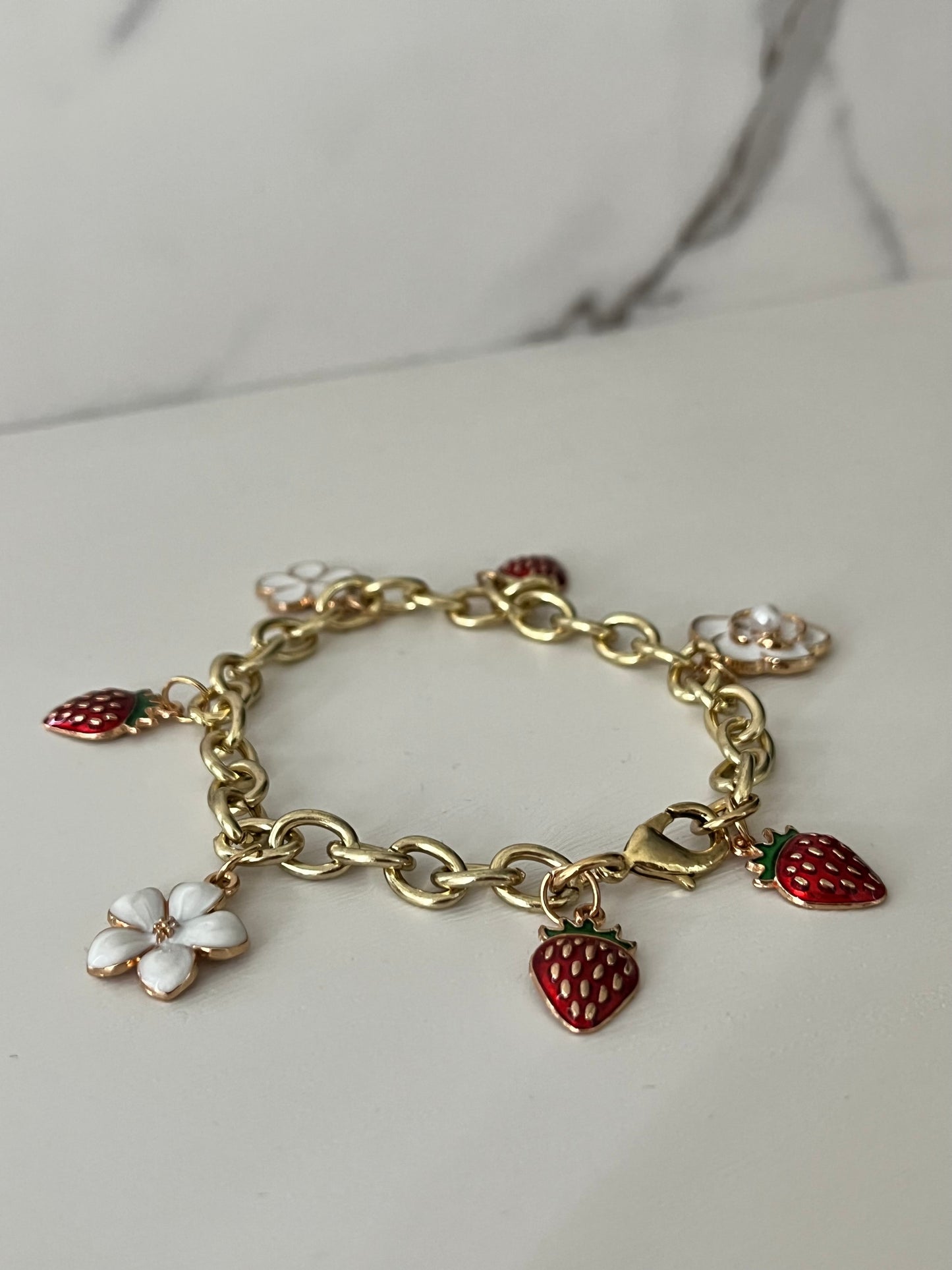 Gold strawberry floral charm bracelet