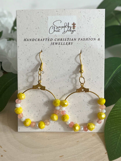 Peach Gold Hoop Earrings with yellow and peach faceted glass beads, elegant jewelry for daily wear
