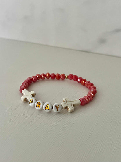 Pray Red Faceted Beaded Bracelet, handcrafted Christian bracelet with red faceted beads