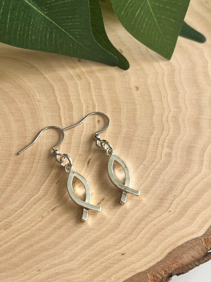 Silver Jesus Fish Earrings, Handmade Christian Jewelry