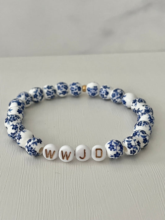 WWJD blue floral/pink/purple natural stone bracelet