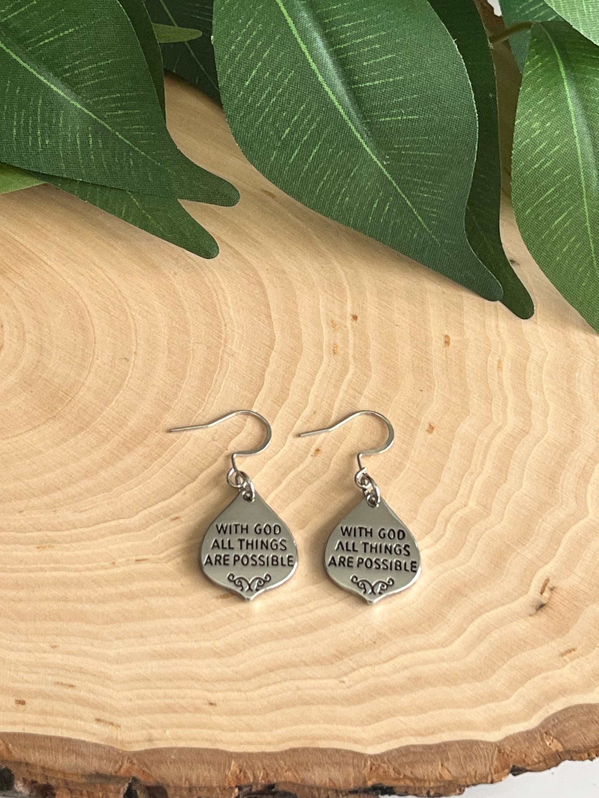 With God All Things Are Possible Silver Earrings from Saved by Christ Design