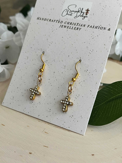 Gold Earrings with jeweled cross design – Christian jewelry by Saved by Christ Design.

