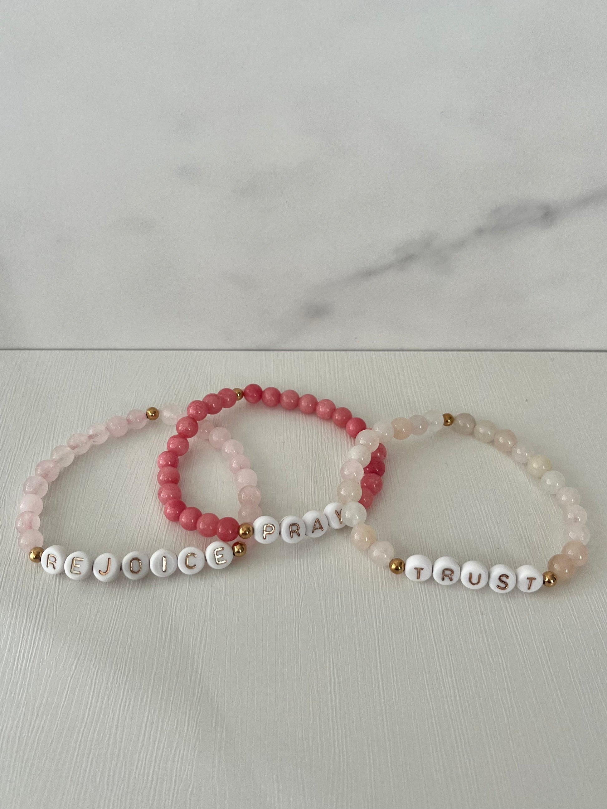 Rejoice Pray Trust Opal Bracelet Set showcasing vibrant opal beads, perfect for stacking and expressing faith.