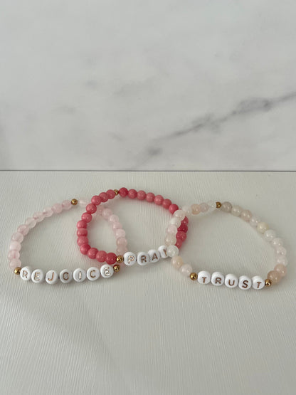 Rejoice Pray Trust Opal Bracelet Set showcasing vibrant opal beads, perfect for stacking and expressing faith.