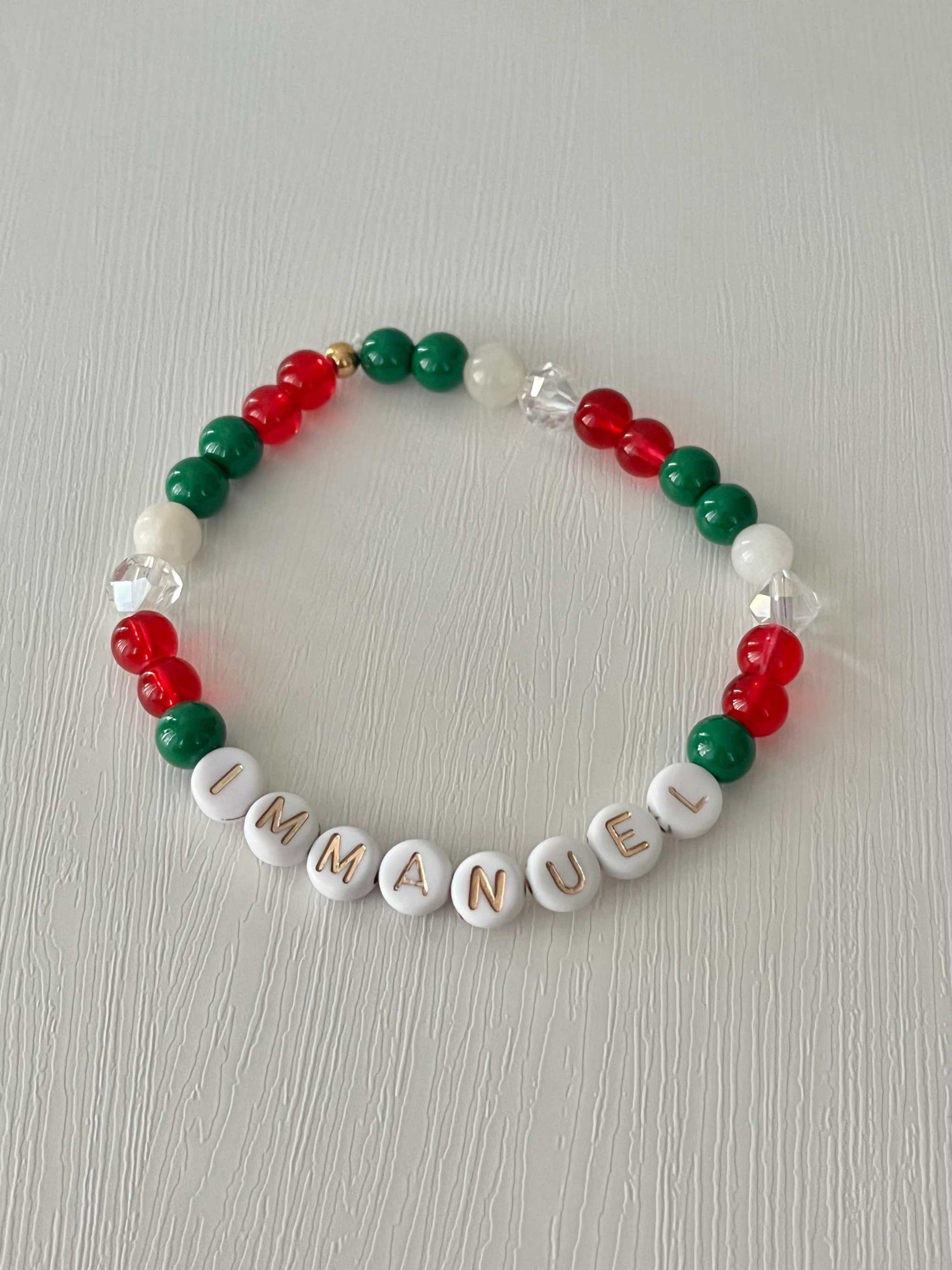 Immanuel Christmas Bead Bracelet – handcrafted holiday faith jewelry with festive beads.
