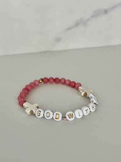 GOD WITH US pink marble beads bracelet,Pink Marble God With Us Bracelet showcasing elegant pink marble beads and a charm, ideal for adding a touch of faith-inspired style to your collection. handmade bracelet, womens bracelet, bracelet for women, stretch bracelet, stone bracelet