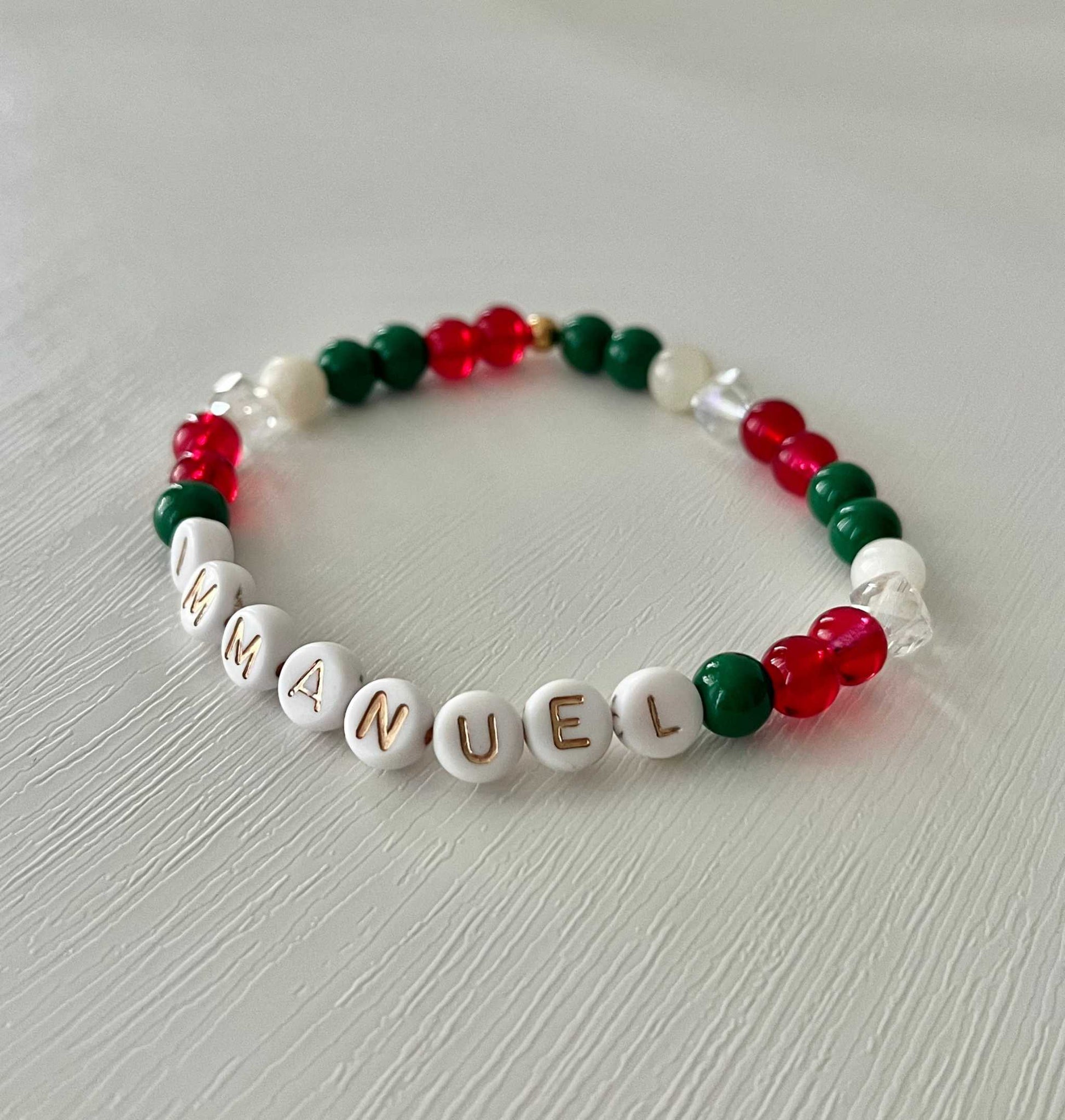 Immanuel Christmas Bead Bracelet – handcrafted holiday faith jewelry with festive beads.