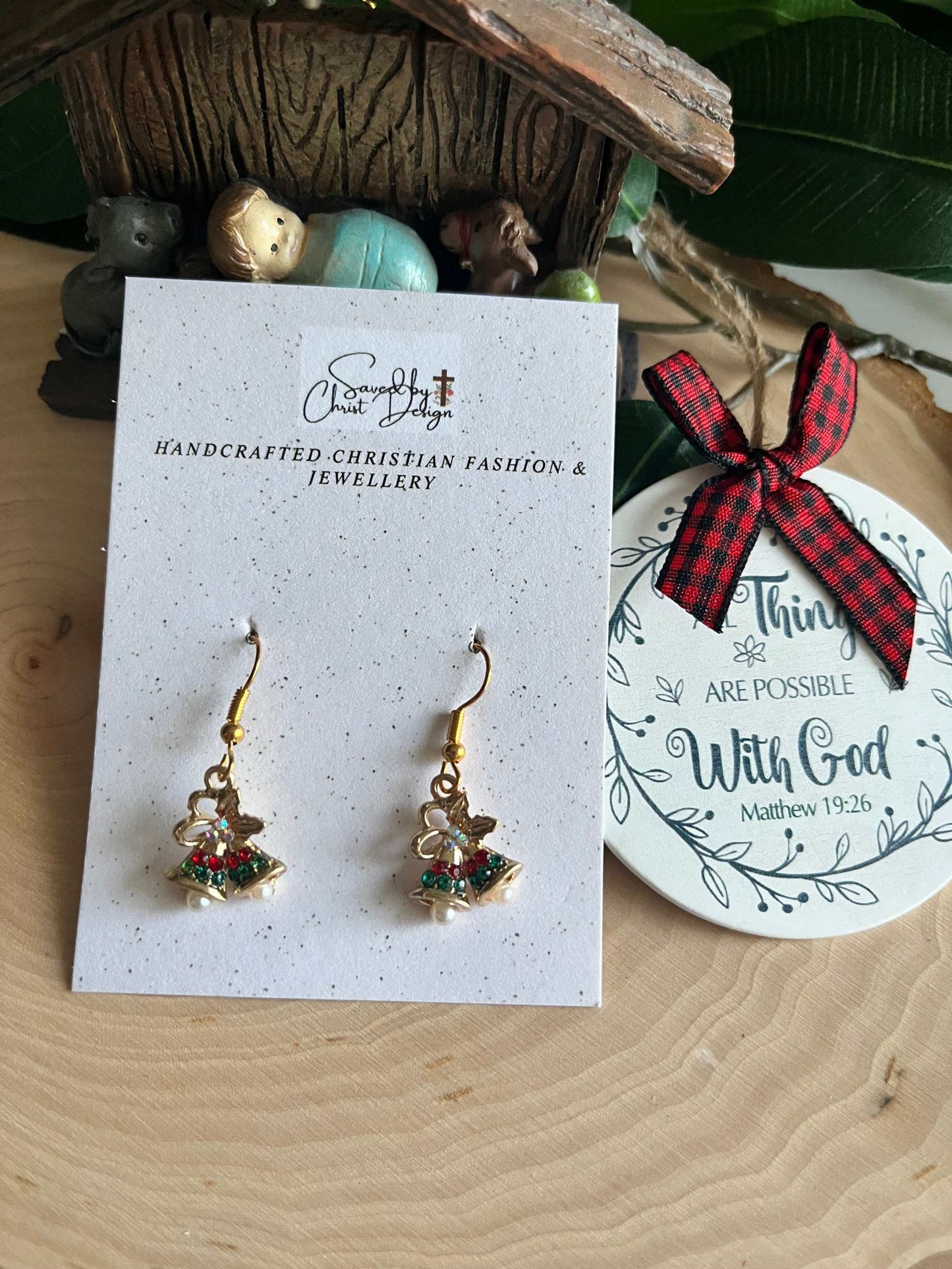 Jeweled gold Christmas bell earrings, festive holiday jewelry
