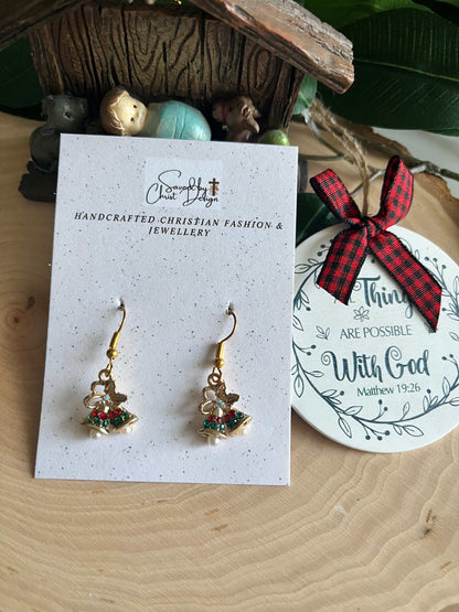 Jeweled gold Christmas bell earrings, festive holiday jewelry
