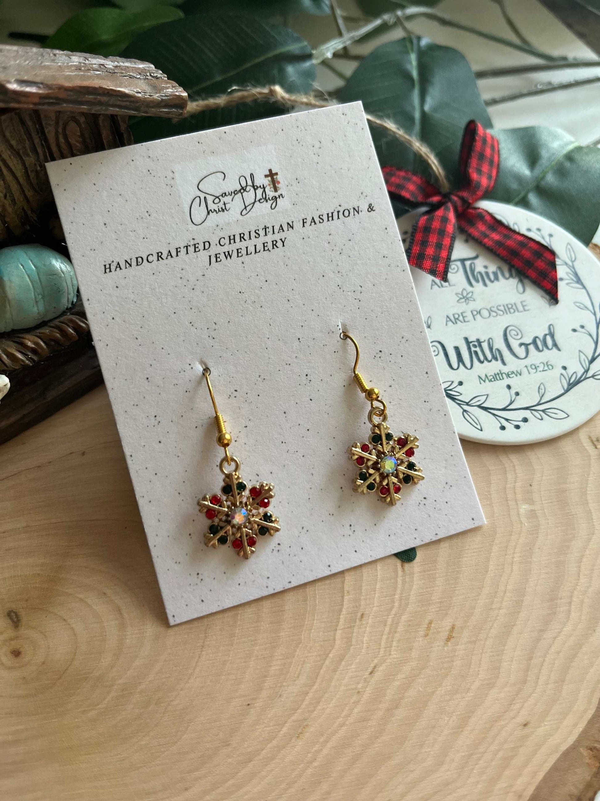 Christmas Earrings with Jeweled Snowflake Gold – Festive Holiday Jewelry

