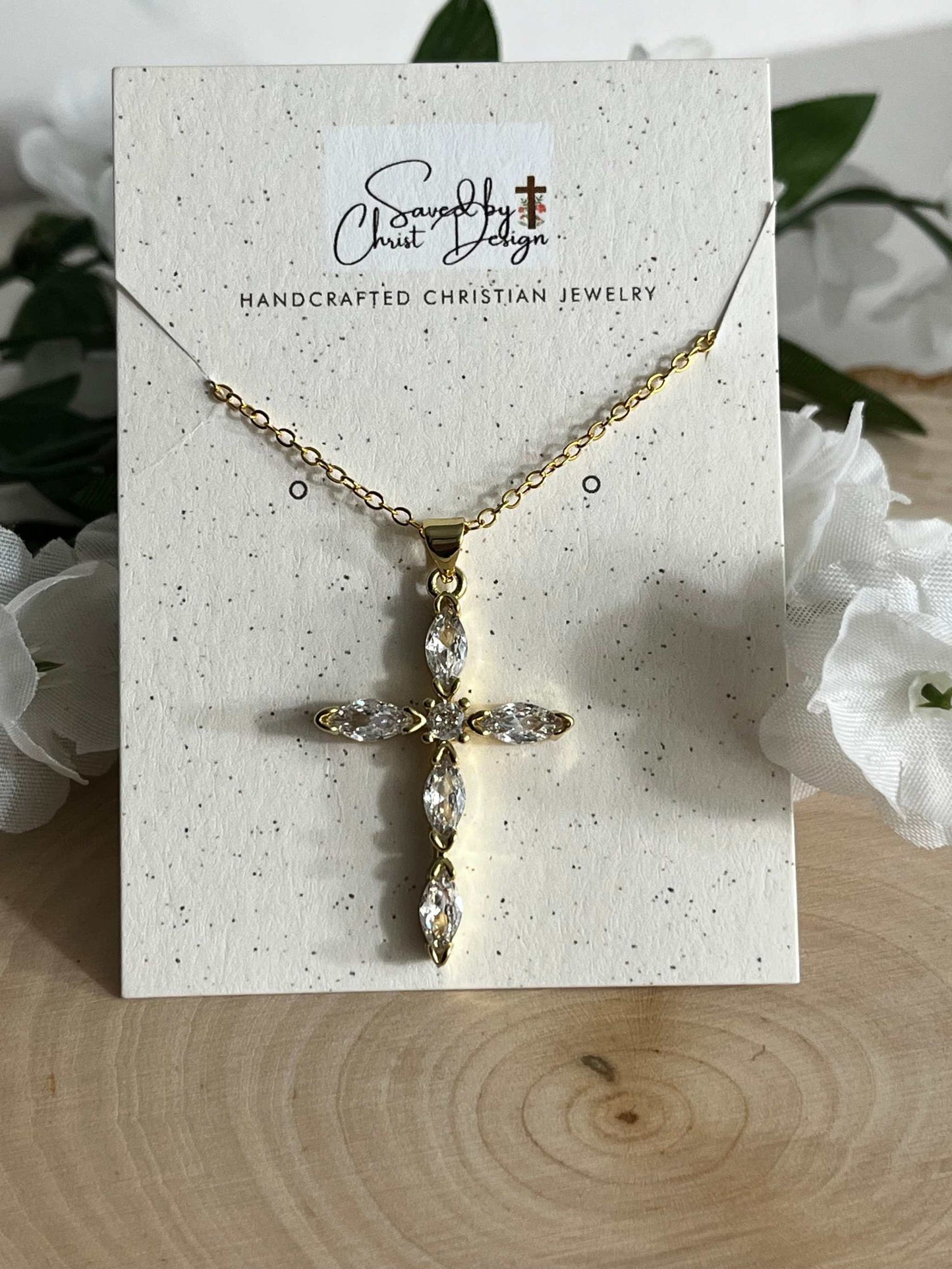 18K gold necklace with crystal cross pendant, elegant Christian jewelry