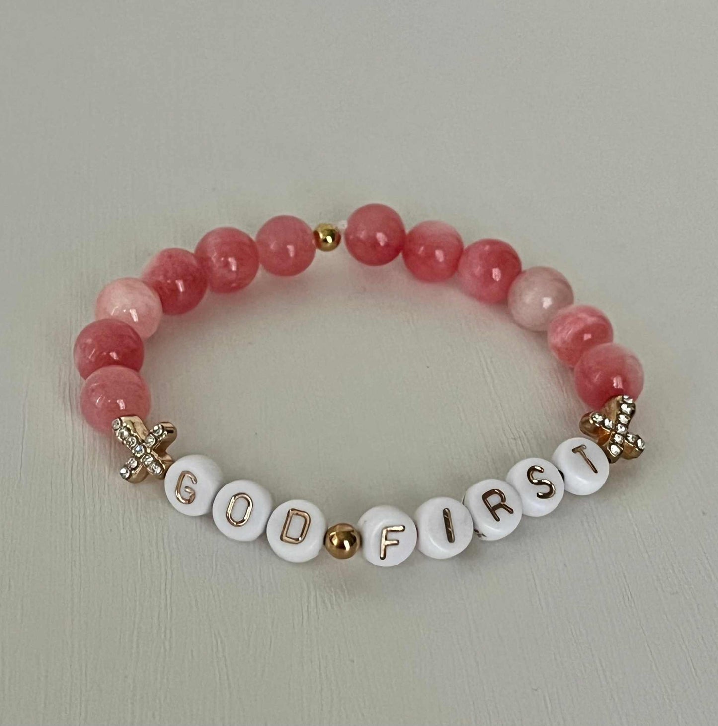 God First Bracelet with pink glass beads and jeweled crosses, faith-inspired jewelry