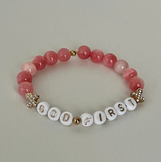 Pink God first glass bead bracelet with jeweled crosses