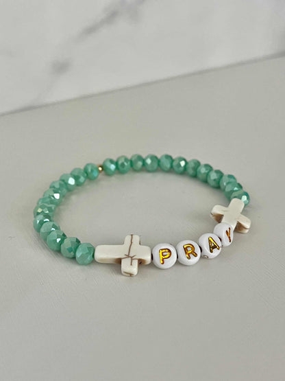 PRAY Mint Faceted Beaded Bracelet showcasing vibrant mint beads, perfect for expressing faith and adding a touch of elegance to your jewelry collection.