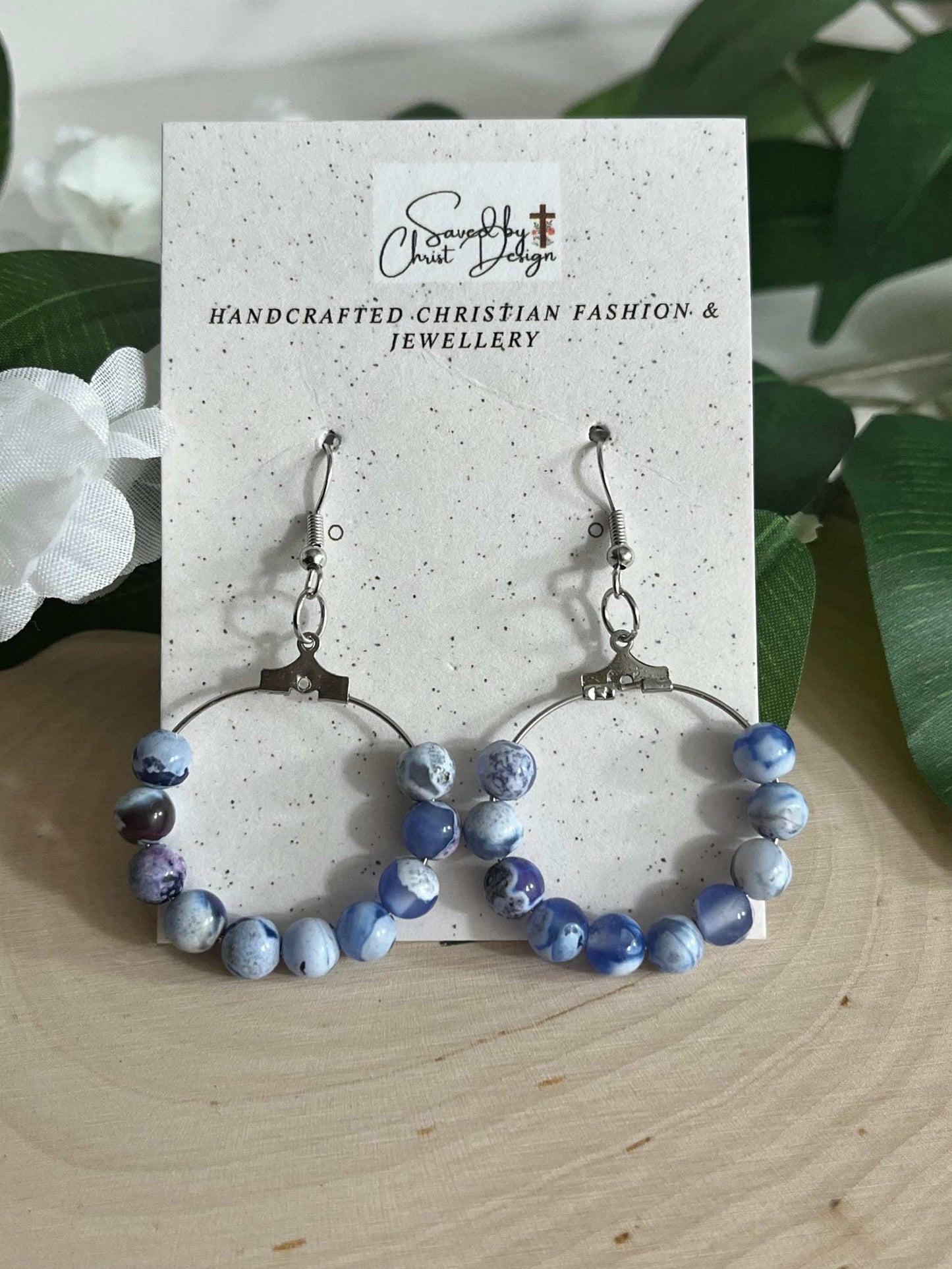 Blue White Agate Earrings, natural stone jewelry for women
