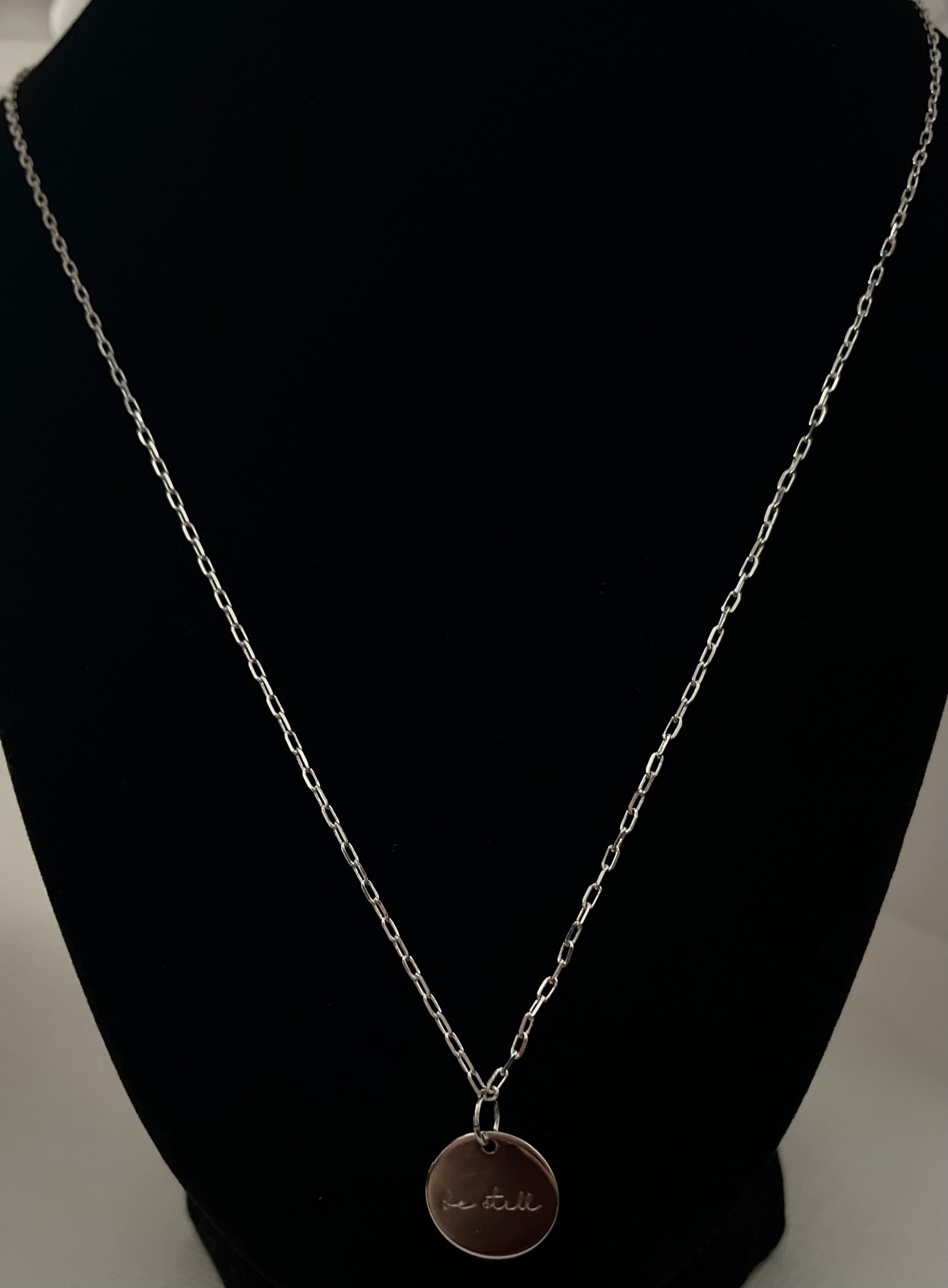 Silver custom Be still charm chain necklace