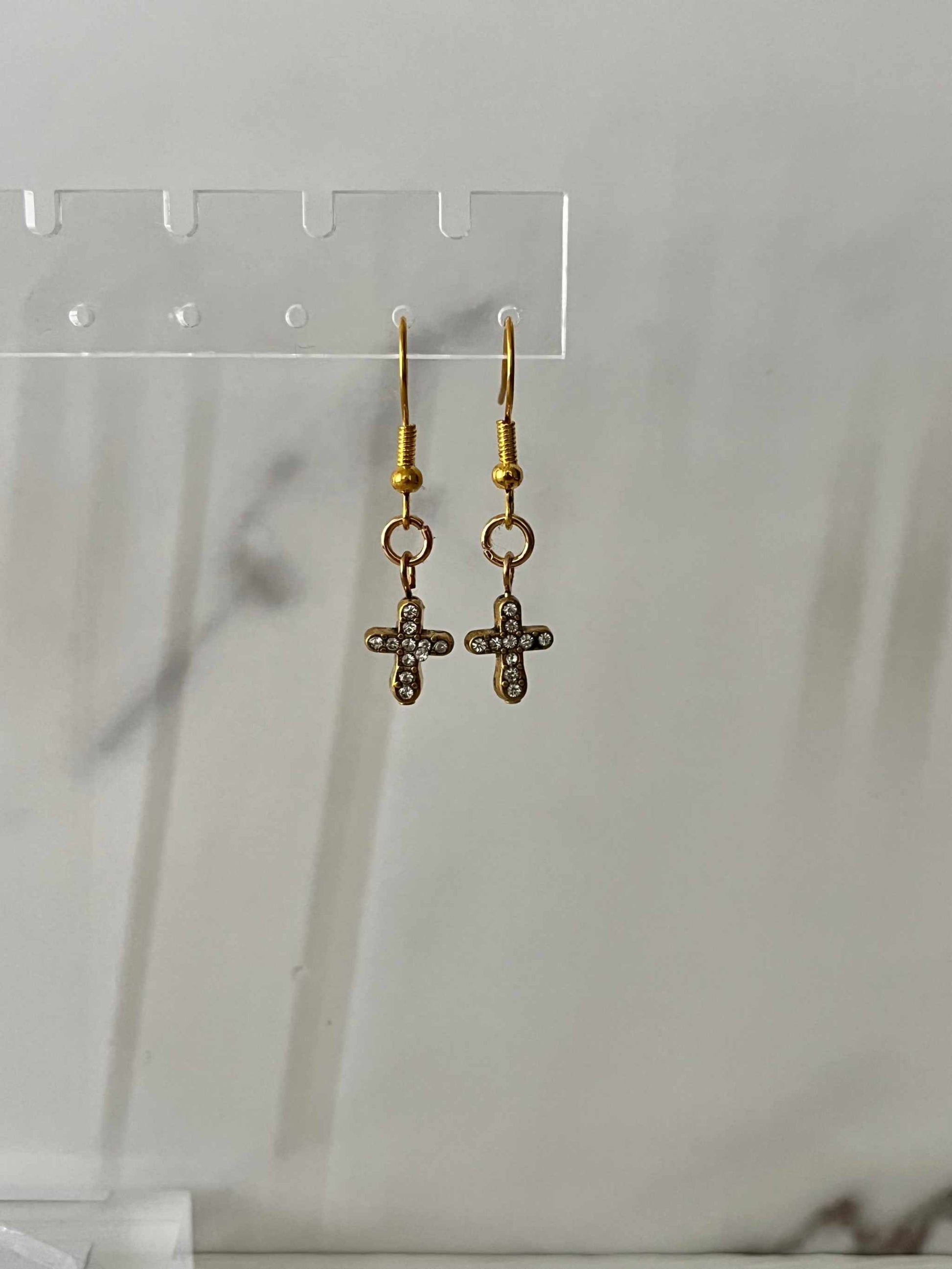 Gold Earrings with jeweled cross design – Christian jewelry by Saved by Christ Design.

