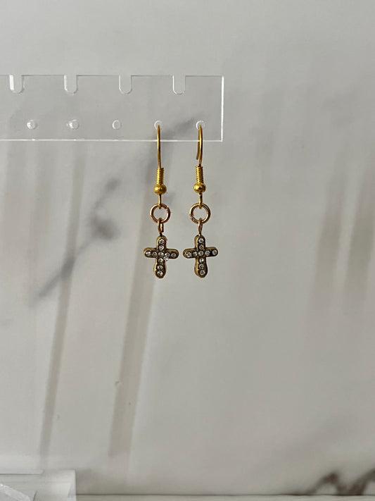 Gold jeweled cross earrings