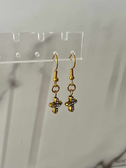 Gold Earrings with jeweled cross design – Christian jewelry by Saved by Christ Design.

