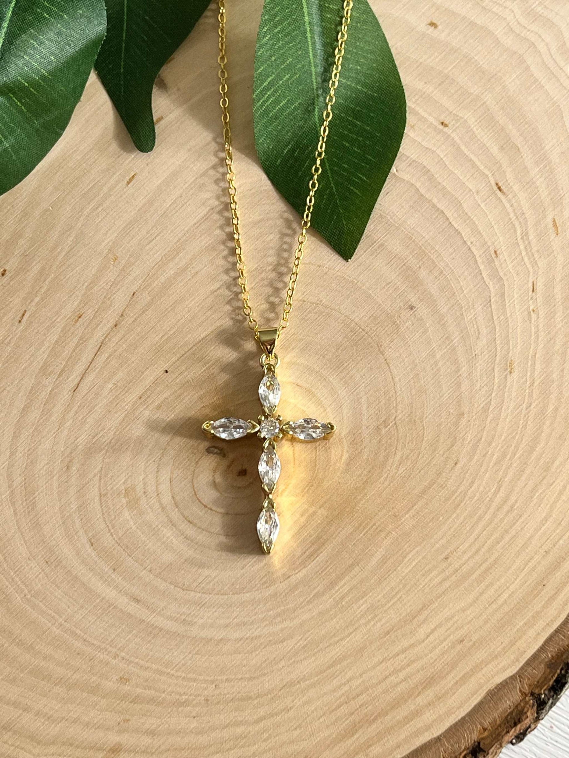 18K gold necklace with crystal cross pendant, elegant Christian jewelry