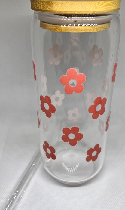 Pink flower 22oz glass tumbler, straw,& straw cleaner