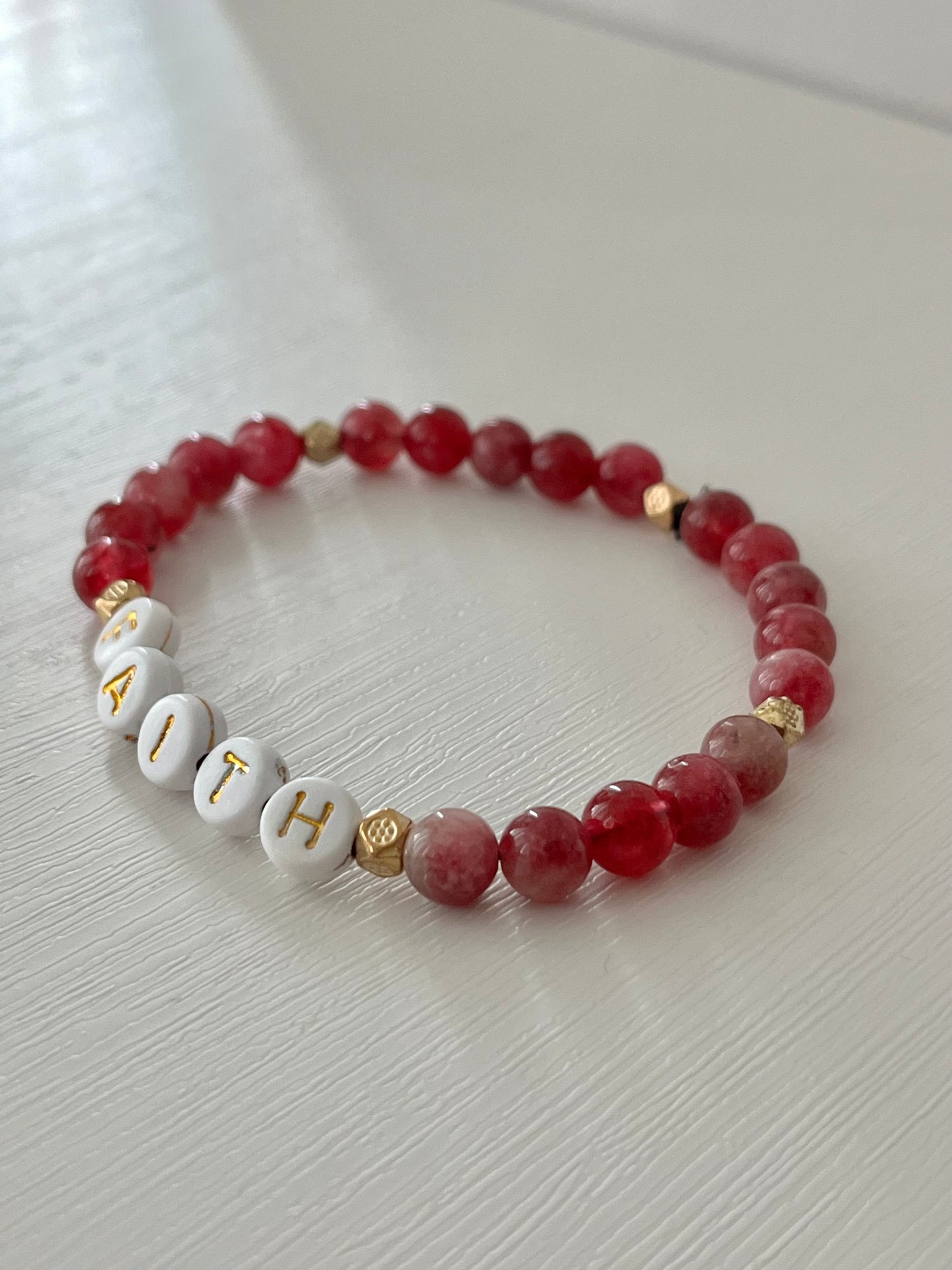 Faith red pink beaded stone bracelet