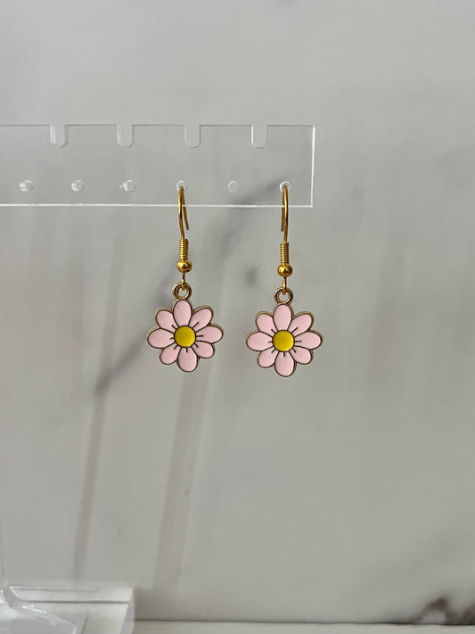 Gold Pink flower hook earrings