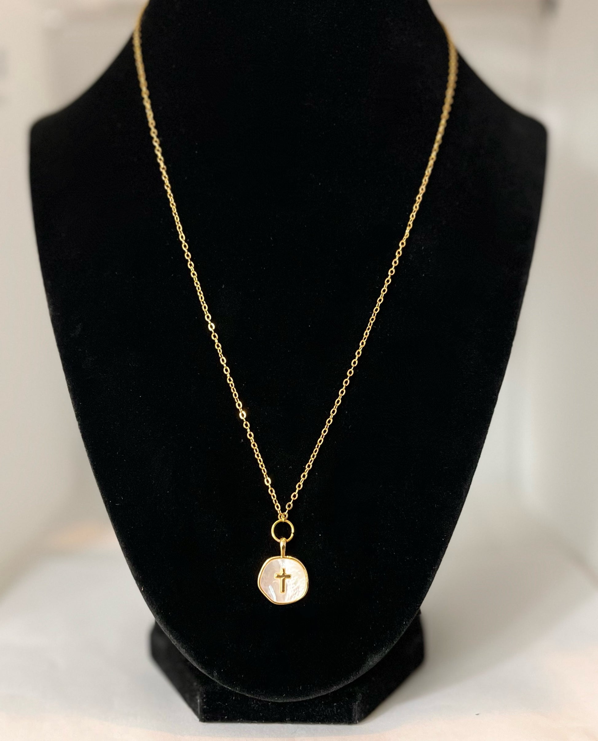 Pearly white cross charm 16k gold 18” necklace