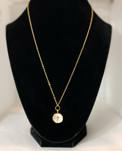 Pearly white cross charm 16k gold 18” necklace