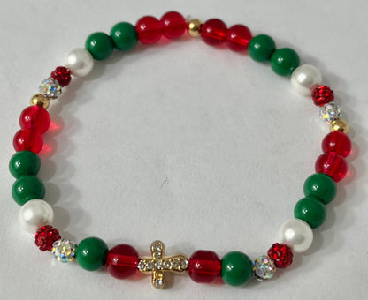 Jeweled Christmas gold cross or Christmas marbled beaded bracelet/ multiple colors and designs