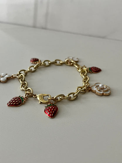 Gold strawberry floral charm bracelet