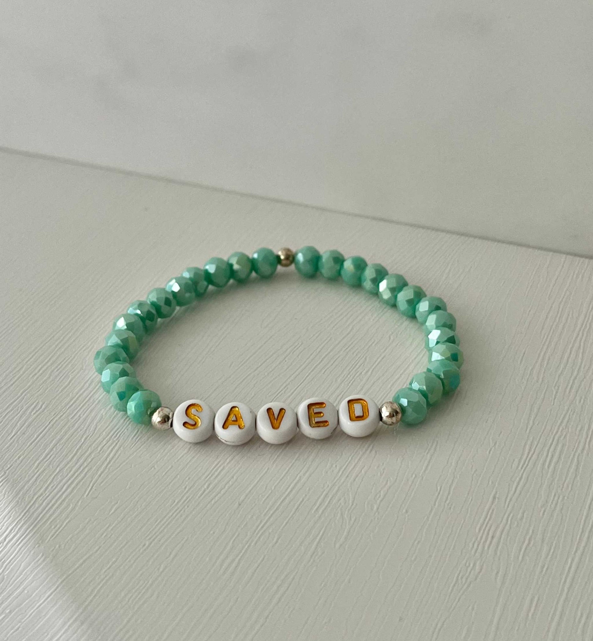 Saved Beaded Bracelet with mint or blue white jade faceted beads, faith-inspired jewelry