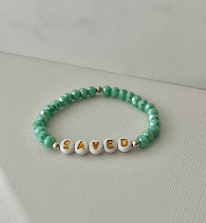 Saved Beaded Bracelet with mint or blue white jade faceted beads, faith-inspired jewelry