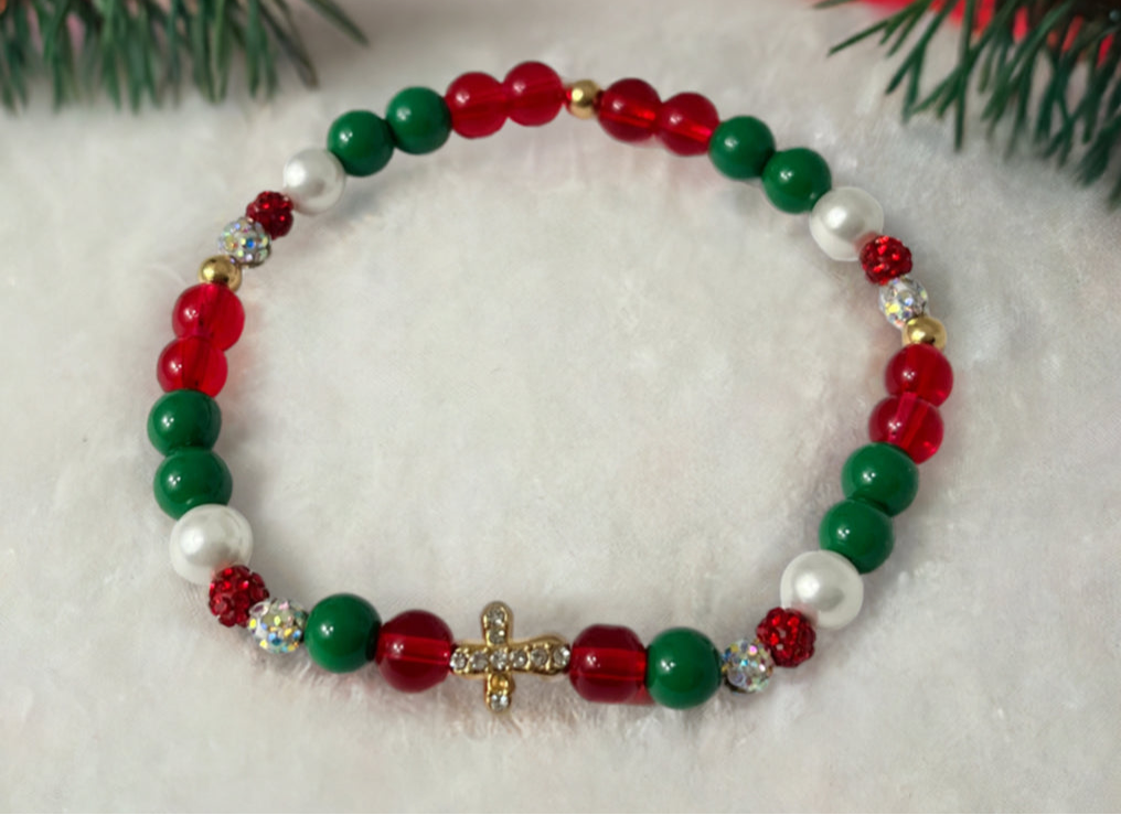 Jeweled Christmas gold cross or Christmas marbled beaded bracelet/ multiple colors and designs