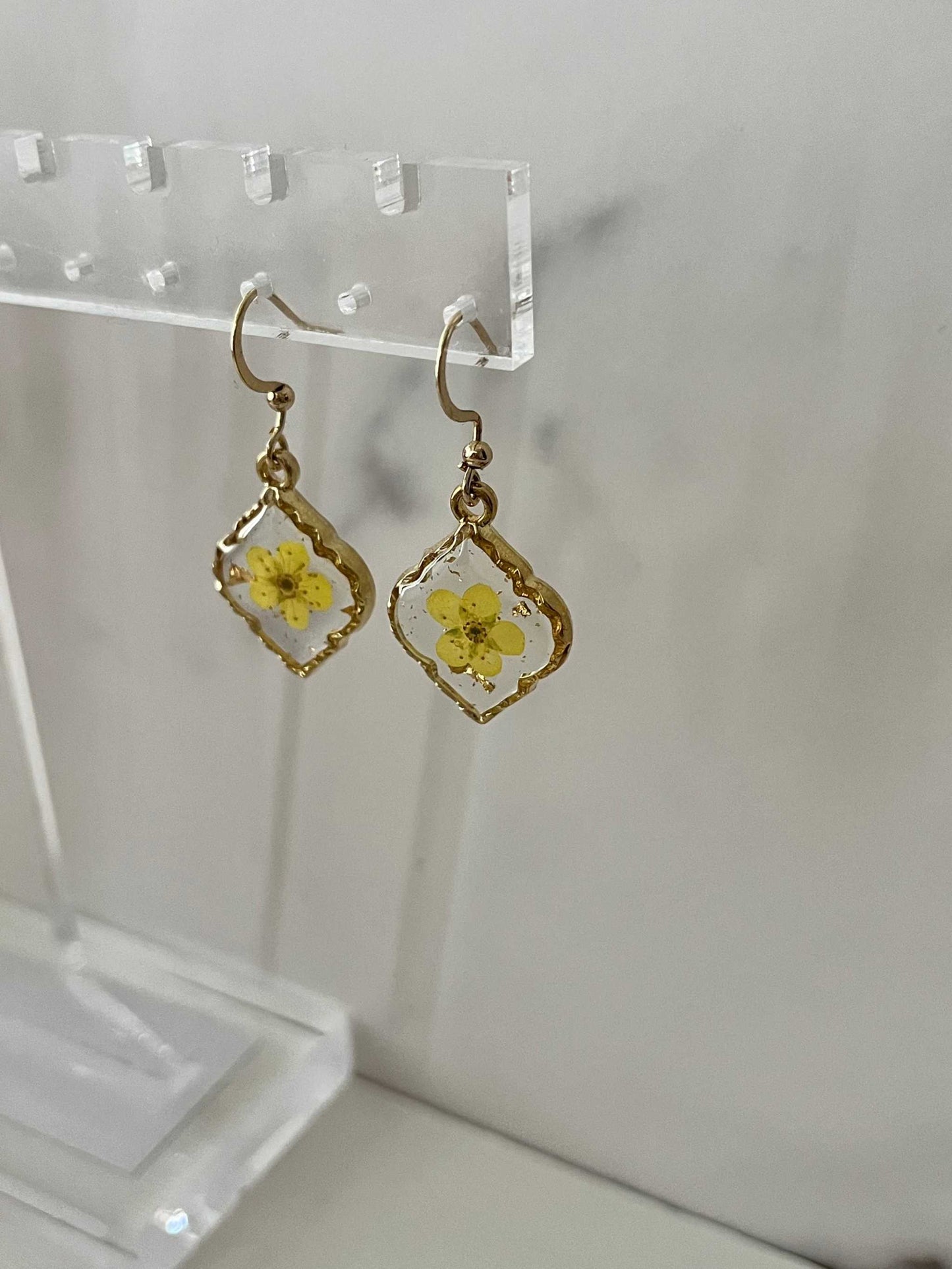 Yellow Flower Gold Earrings with dried flowers, minimalist gold hook design