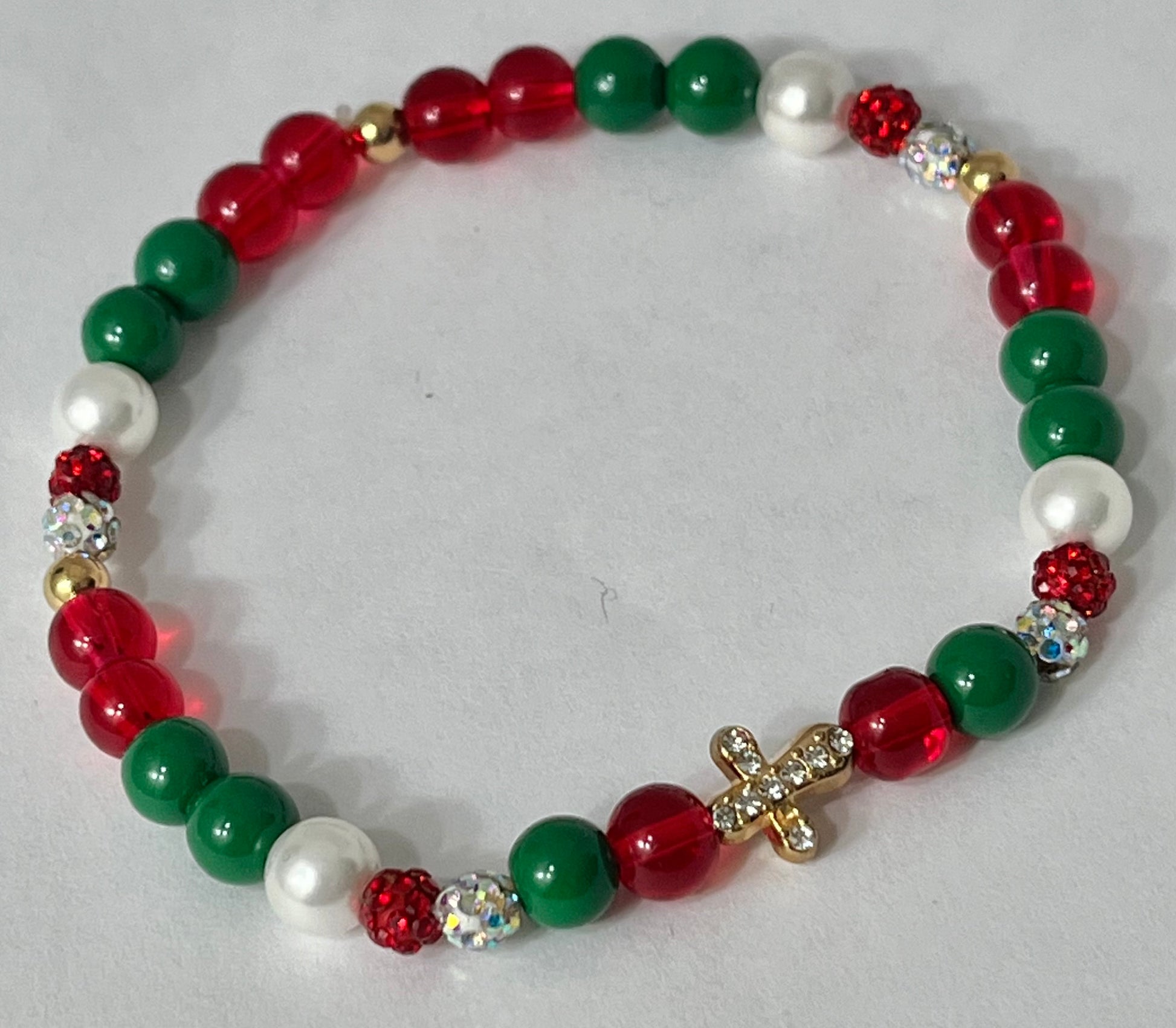 Jeweled Christmas gold cross or Christmas marbled beaded bracelet/ multiple colors and designs