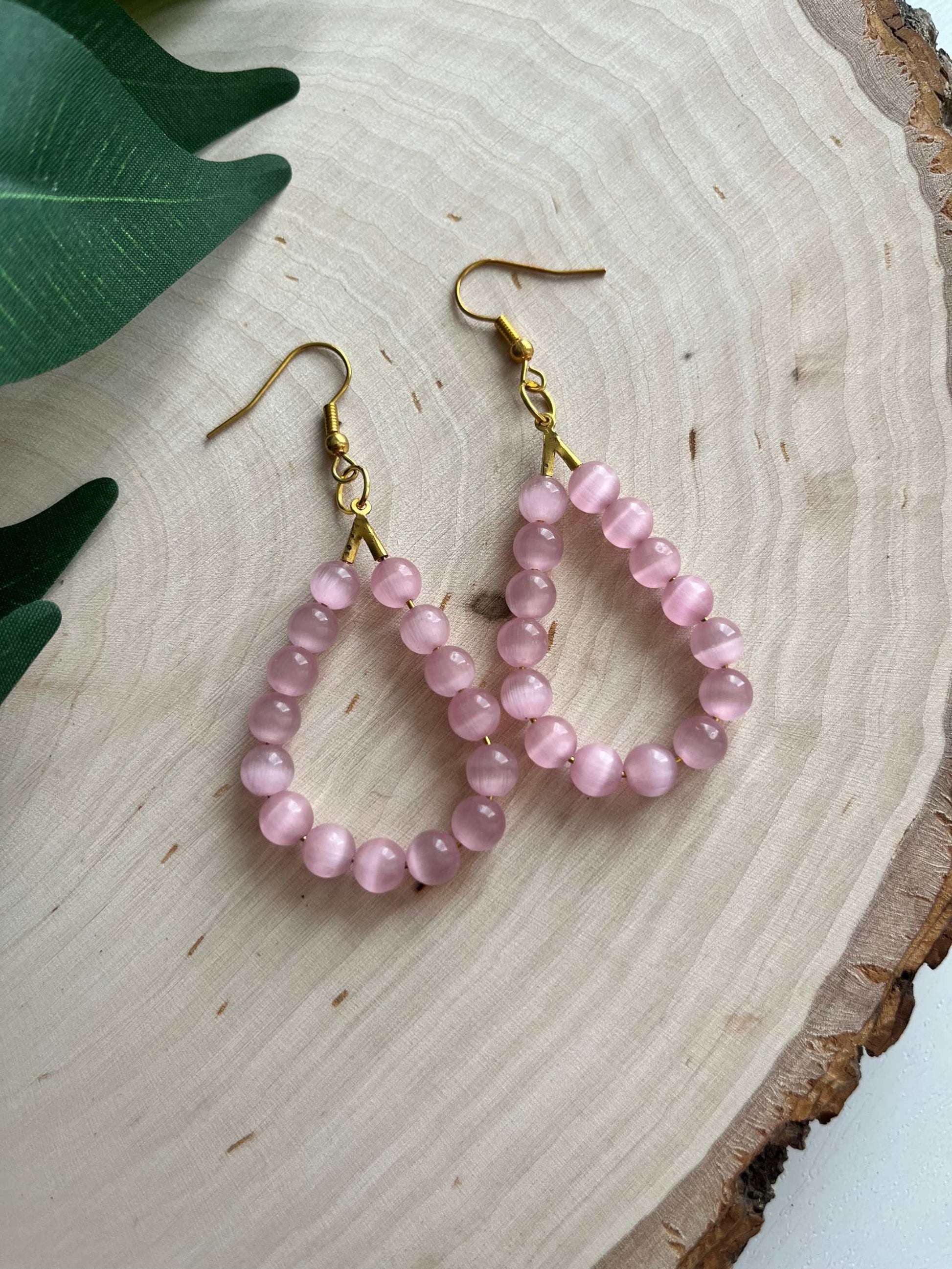 Pink Cat Eye Gold Opal Drop Earrings