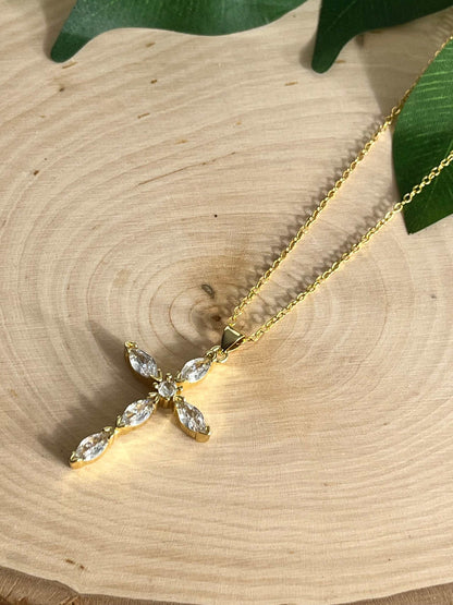 18K gold necklace with crystal cross pendant, elegant Christian jewelry